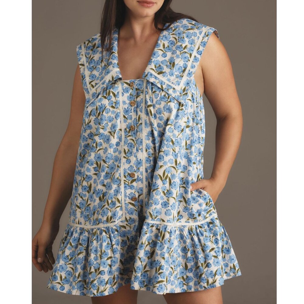 Anthropologie Maeve Collared Poplin Swing Mini Dress Blue Motif 1X Plus